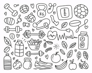 Cheerful fitness and wellness doodle art featuring healthy food and workout equipment for posters, social media, and motivational designs