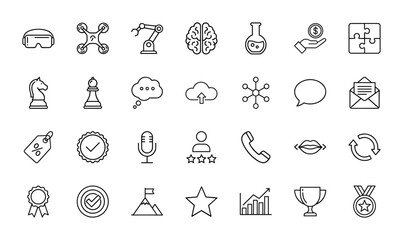 Fototapeta premium Digital technology and business concept line icon set. Vector pictograms of VR headset, drone, robotic arm, brain, money, chess, cloud, microphone, chart, and trophy, thin linear illustration.