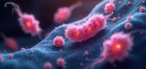Microscopic view of bacteria cells. Rendered 3D illustration shows microorganisms in detail. Science medical background for health care or research. Bacteria structure. Concept of medicine.