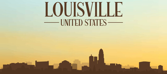 Fototapeta premium Panoramic poster of the city skyline with misty background buildings, hills sunrise, sunset and clouds of LOUISVILLE, UNITED STATES