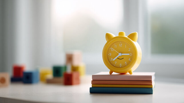 Bright yellow alarm clock with smiling face on colorful books. Back to school, early learning concept. Great for education, lifestyle content. - Powered by Adobe