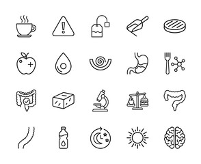 Fototapeta premium Nutrition and digestion line icon set. Vector pictograms of apple, stomach, intestine, brain, microscope, balance, tea, and water, thin linear illustration.