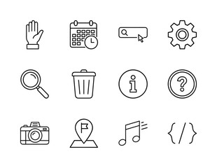User interface line icon set. Vector pictograms of hand, calendar, search bar, settings, trash can, information, camera, location, music, and code, thin linear illustration.