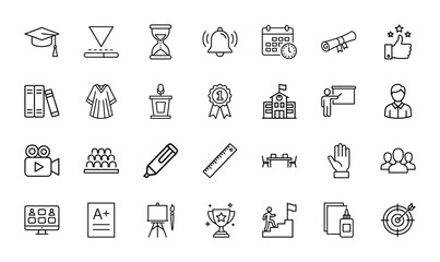 Fototapeta premium Education line icon set. Vector pictograms of graduation cap, books, diploma, school building, teacher, student, online learning, trophy, calendar, and marker, thin linear illustration.