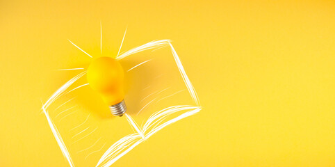 Light bulb and book on yellow background. Creative idea concept. Copy space.