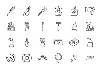 Personal care and beauty line icon set. Vector pictograms of grooming tools, hygiene products, bath accessories, and wellness items, thin linear illustration.