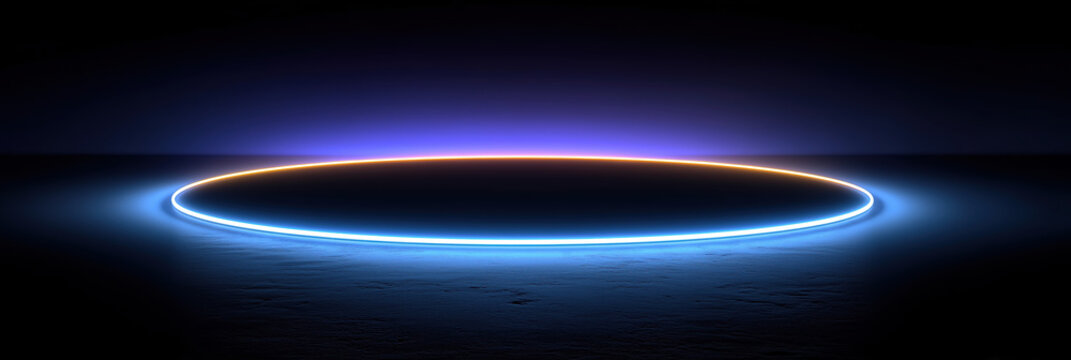 Glowing neon circular ring floating on dark reflective surface for futuristic technology and digital design visuals. - Powered by Adobe