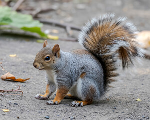 Adorable squirrel with a bushy tail curiously observing in a park, a charming touch of nature's wildlife, perfect for nature lovers and animal enthusiasts