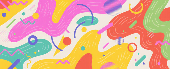 Naklejka premium Playful abstract background with colorful geometric shapes and hand-drawn lines fun vector design for creative projects and modern designs