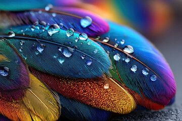 Vibrant Rainbow Feathers with Sparkling Water Droplets