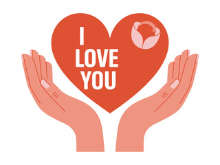 Fototapeta premium Hands holding a heart with i love you text and a rose illustration