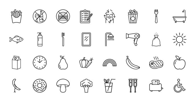 Health, nutrition, and daily routine line icon set. Vector pictograms of diet, hygiene, wellness, and lifestyle objects, thin linear illustration.