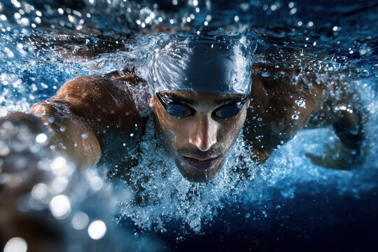 Competitive swimmer dives into a pool to demonstrate skill and speed during training