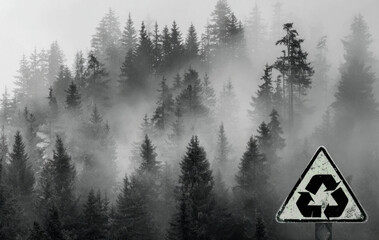 Black and white image of a recycling sign in front of dense evergreen trees shrouded in mist, symbolizing environmental awareness and conservation efforts in nature