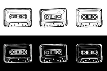 Different styles of audio cassette tapes, seamless border, isolated vector image, two design options on transparent and black backgrounds, pencil drawing, chalk drawing
