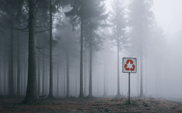Foggy forest scene featuring a recycling sign amidst tall trees, creating an atmosphere of environmental awareness and nature conservation in a serene, misty landscape
