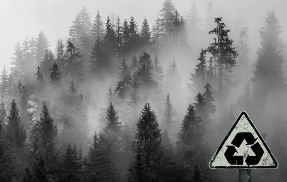 Black and white image of a recycling sign in front of dense evergreen trees shrouded in mist, symbolizing environmental awareness and conservation efforts in nature
