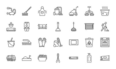 Fototapeta premium Cleaning and sanitation line icon set. Vector pictograms of broom, vacuum cleaner, apron, plunger, cleaning gloves, and trash bin, thin linear illustration.