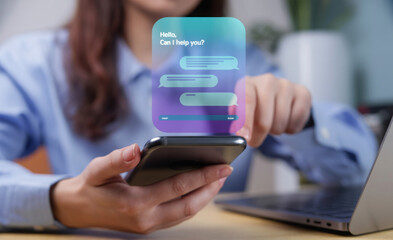 Intelligent digital customer service application concept, AI chatbot mobile application uses artificial intelligence chatbot to automatically reply to online messages and immediately assist customers.