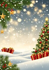 Obraz premium Magical winter wonderland with glowing Christmas tree, snow-covered ground, and festive gifts under a starry, snowy sky