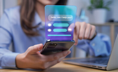 Intelligent digital customer service application concept, AI chatbot mobile application uses artificial intelligence chatbot to automatically reply to online messages and immediately assist customers.
