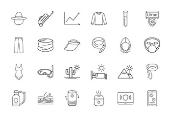 Fototapeta premium Outdoor protection and wellness line icon set. Vector pictograms of UV shield, hat, luggage, swimsuit, snorkeling mask, skin, vitamin, and humidifier, thin linear illustration.