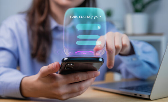 Intelligent digital customer service application concept, AI chatbot mobile application uses artificial intelligence chatbot to automatically reply to online messages and immediately assist customers. - Powered by Adobe