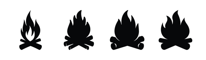 Set of campfire icons, various fire and log silhouettes