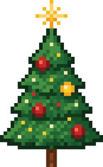 A festive pixel-art Christmas tree decorated with colorful ornaments and topped with a bright star. The retro 8-bit style adds nostalgic charm, perfect for holiday designs, games, and digital art.