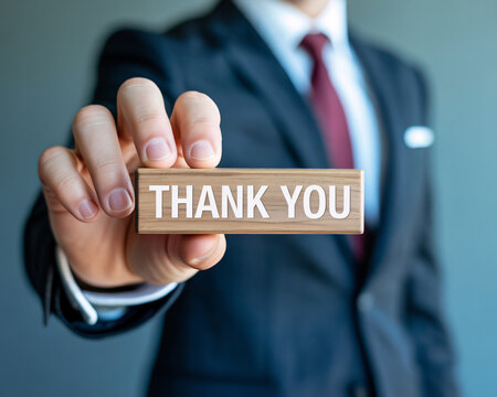 Elegant businessman holding a wooden block with thank you message for appreciation and gratitude, perfect for corporate communications and expressing sincere thanks
