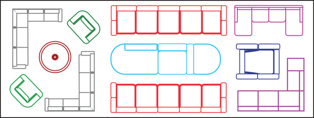 A technical vector illustration showcasing a variety of architectural floor plan symbols for sofas, sectional couches, chaises, and armchairs in different colorful outlines (red, blue, green) etc.