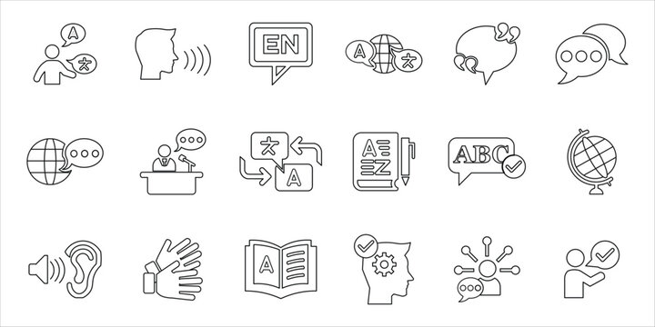 language icons set. spech, translate, vocabulary, listening, speaking, language skills and more. simple line vector