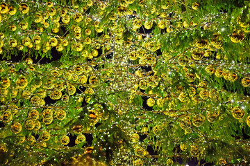 Golden Christmas decorations on the Christmas tree close up, holiday background