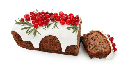 Tasty Christmas cake with icing, cranberries and rosemary isolated on white