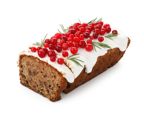 Tasty Christmas cake with icing, cranberries and rosemary isolated on white