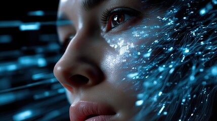 Futuristic Digital Portrait with Blue Light Streaks