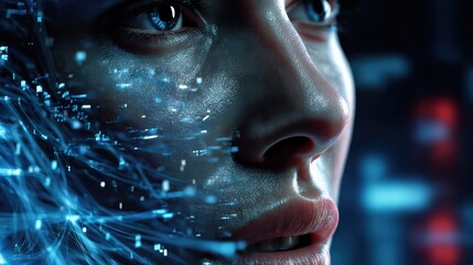 Cybernetic Face with Neural Network Overlay in Blue Light