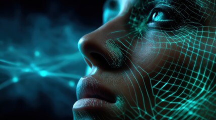 Woman’s Face With Digital Neural Mesh Grid Overlay