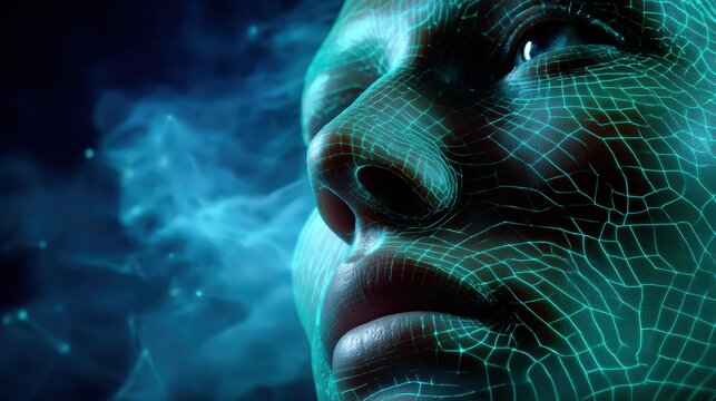 Digital Human Face with Futuristic Network Grid Overlay - Powered by Adobe