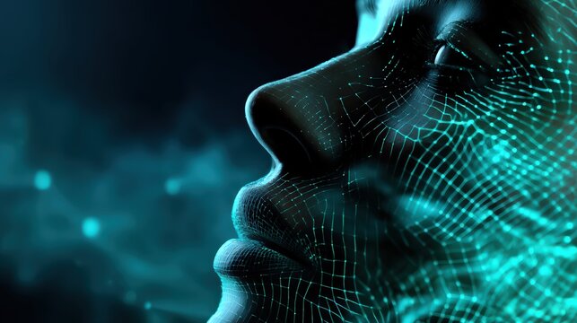 Abstract Human Face Made of Digital Mesh Grid and Particles - Powered by Adobe