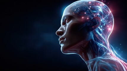 Futuristic Human Head with Glowing Neural Network and Light Effects