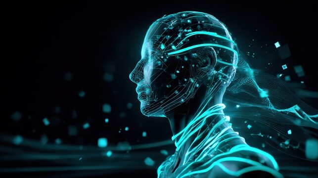 Futuristic Wireframe of Human Head and Body with Data Flow - Powered by Adobe