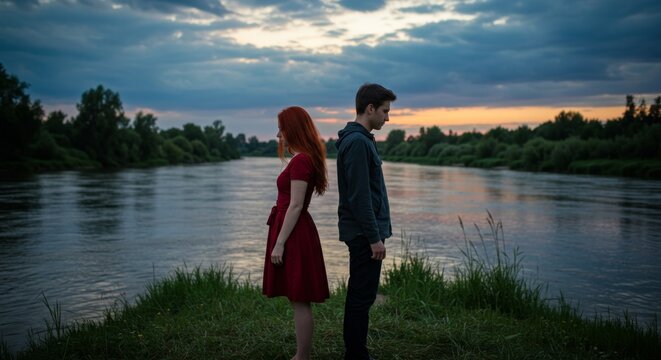 Woman and man standing back to back near a river at sunset, symbolizing relationship problems and breakup.