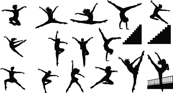 Silhouette set of dancers and gymnasts jumping, doing splits and handstands, energetic people performing artistic moves, vector illustration collection