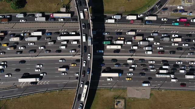 Aerial top-down view of busy multilane traffic flow