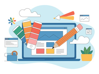 Illustration of a laptop with design elements and a large pencil tool