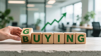 Investing Growth Buying Strategy Hand Arranges Wooden Blocks with Green G Financial Success Stock Market Increase Future