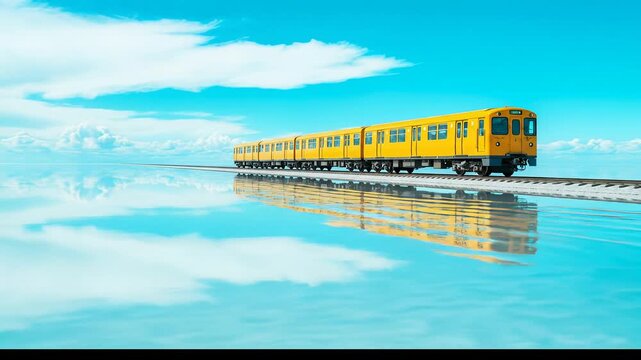 Yellow train traveling across salt flat landscape