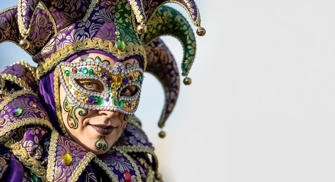 Jester wearing traditional ornate mask and costume, Mardi Gras celebration. Banner or invitation with copy space