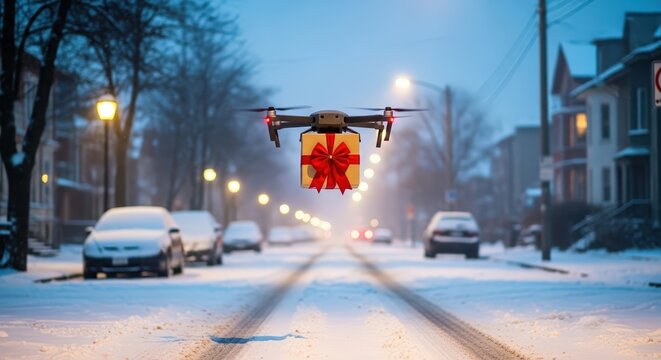 Hovering drone delivering christmas gift box with red ribbon above evening winter city street. Holiday season and technology - Powered by Adobe